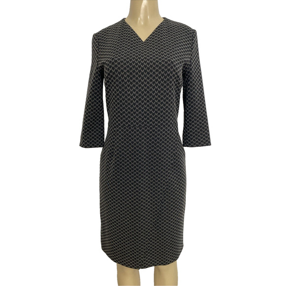 BOSS Hugo Boss Dylea Sheath Dress 3/4 Sleeve Black Gray Knee Work V Neck 6 US - Picture 1 of 8